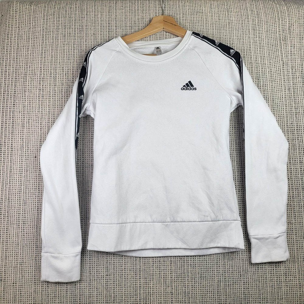 Adidas Sweater Womens Small White Black Crewneck Logo Pullover Athletic Stripes